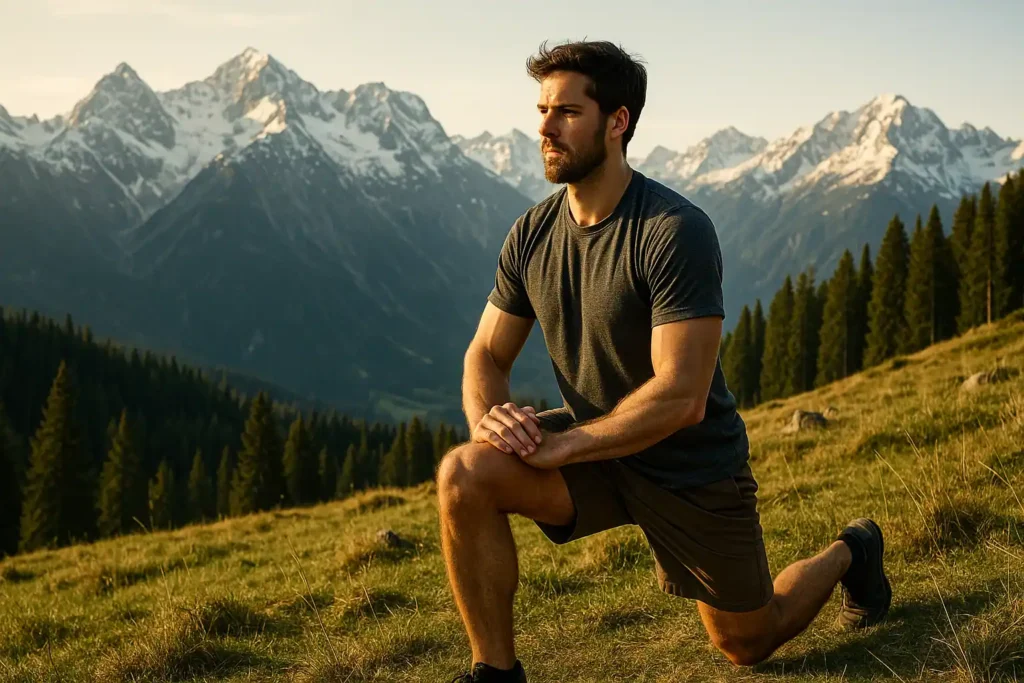 Homme s’entraînant en montagne dans un décor alpin, effectuant un exercice de fente dans la nature, préparation physique pour le ski hors-piste.
