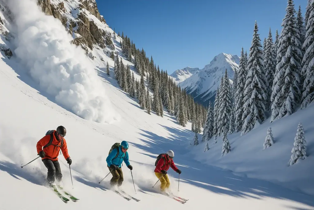 Skieurs en action sur une pente enneigée entourée de sapins, avec une avalanche en arrière-plan, illustrant la beauté et les risques du ski en montagne.