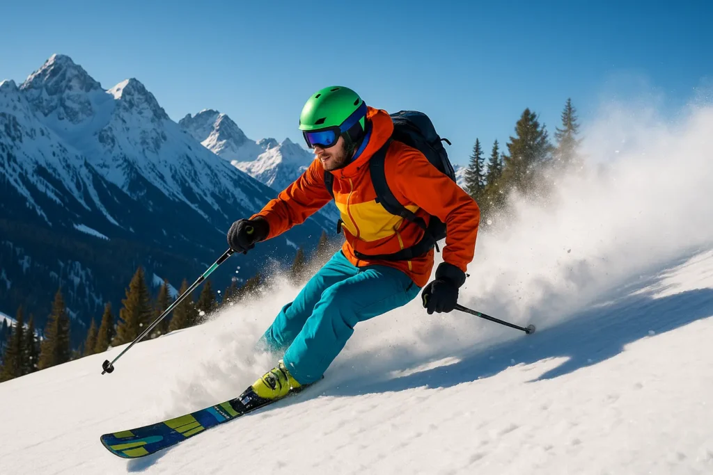 Skieur freeride effectuant un virage dynamique dans la poudreuse sur une pente enneigée, vêtu d’une combinaison colorée avec les montagnes en arrière-plan sous un ciel bleu.