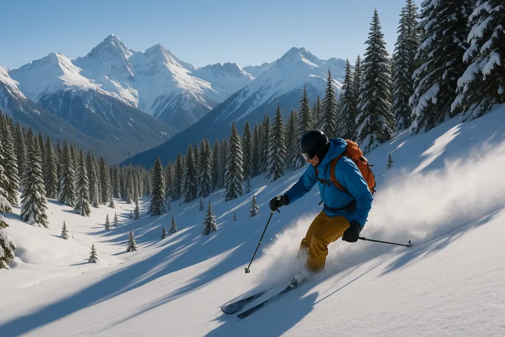 Skieur hors-piste descendant une pente vierge entourée de sapins enneigés, sous un ciel bleu avec des sommets alpins majestueux en arrière-plan.