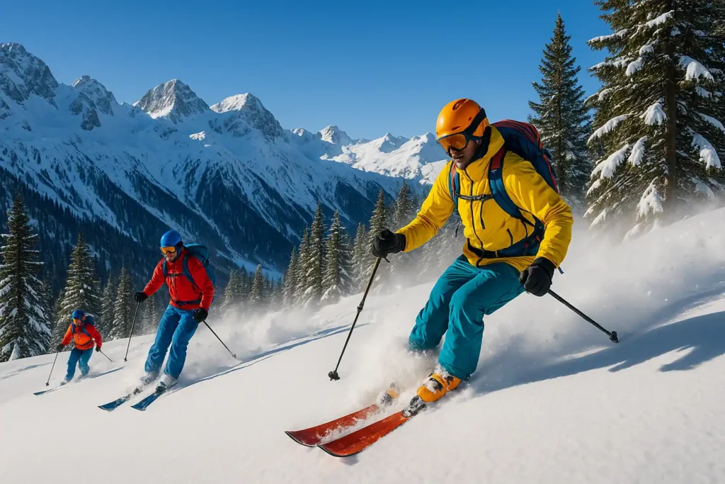 Skieurs freeride descendant une pente enneigée entourée de sapins et de montagnes sous un ciel bleu éclatant, illustrant l’aventure et la liberté du hors-piste.