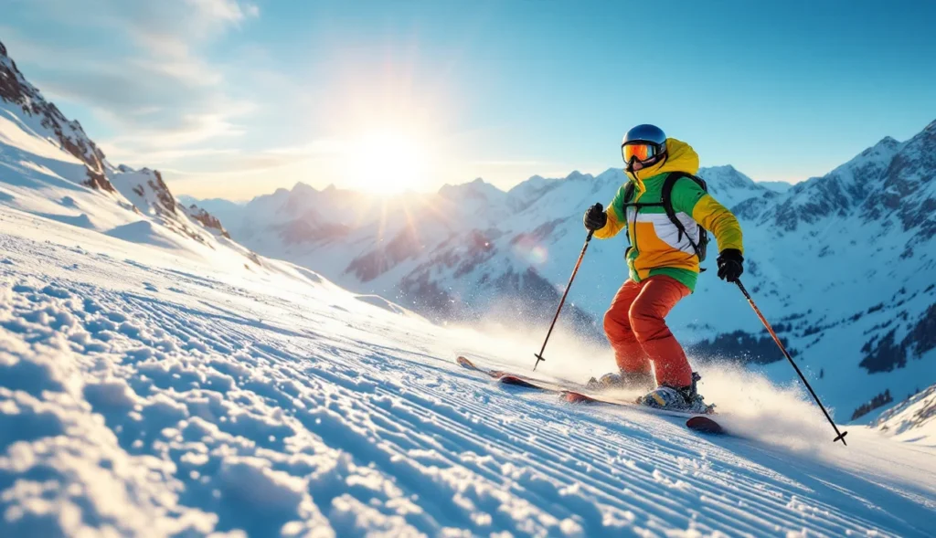 Échauffement ski alpin sur piste enneigée avec skieur en action