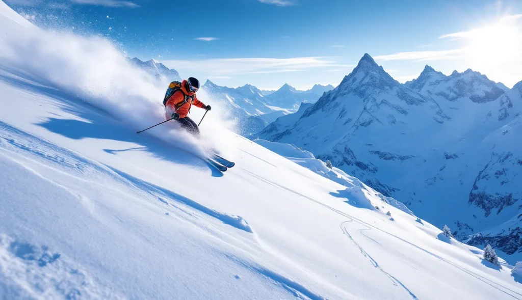 Skieur hors-piste à Chamonix avec montagnes enneigées en arrière-plan