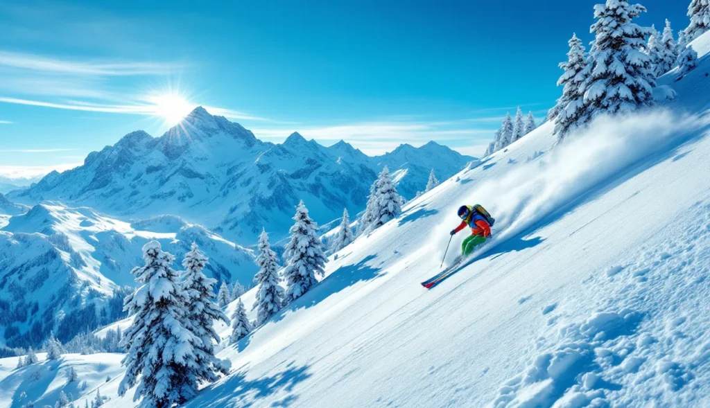hors-piste-la-plagne Skieur hors-piste à La Plagne, Alpes françaises, neige poudreuse