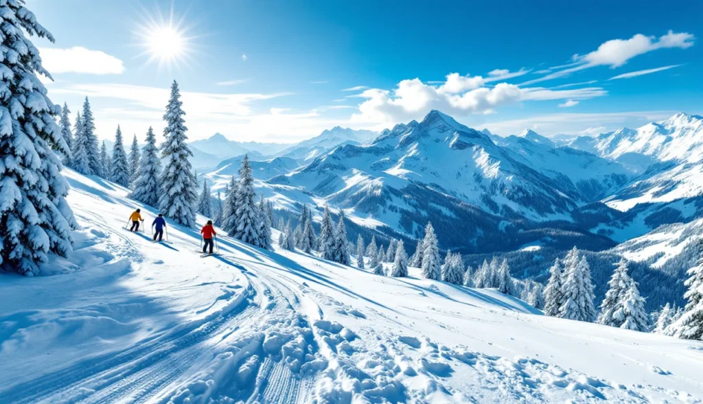 Skieurs hors piste à Manigod, massif des Aravis, paysages enneigés