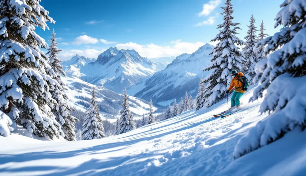 Skieur hors-piste à Valmorel, Alpes françaises, paysage enneigé