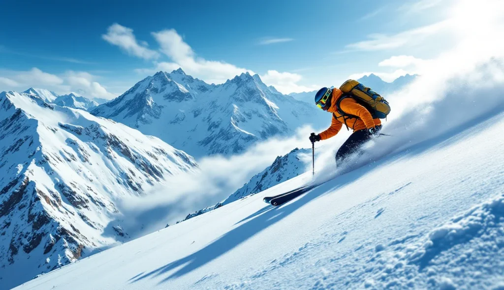 Skieur de randonnée en préparation physique sur une pente enneigée.