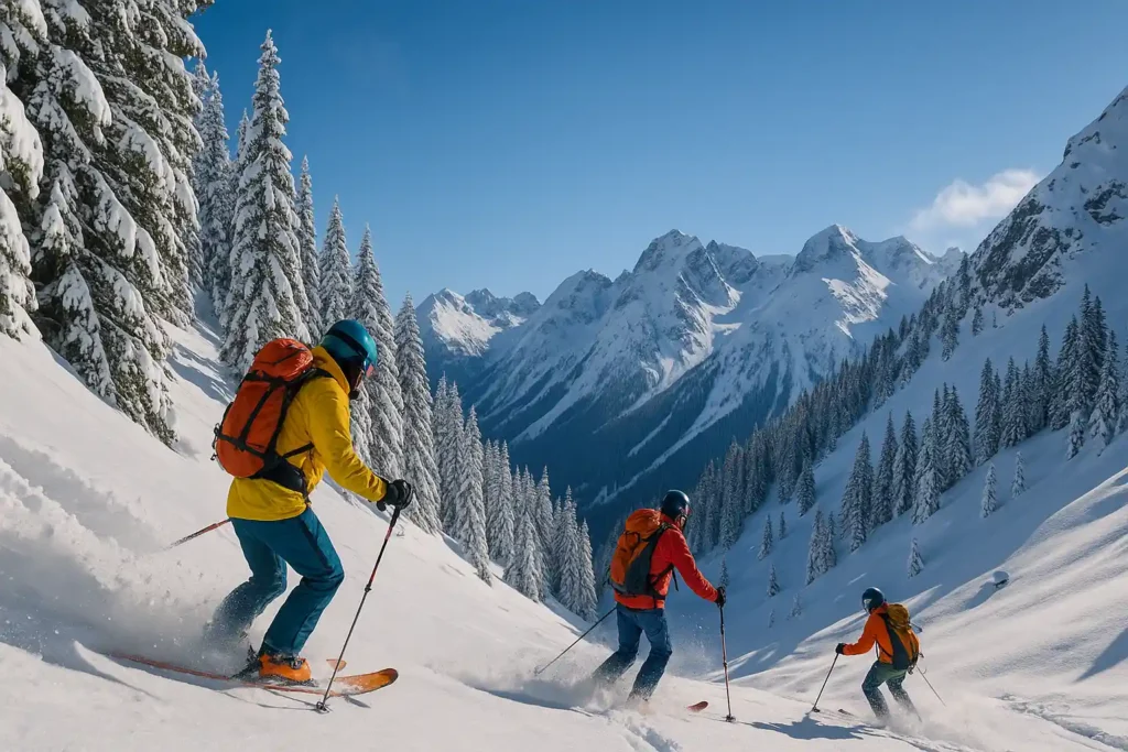 Skieurs de randonnée équipés de casques et sacs à dos de sécurité descendant une pente enneigée entourée de sapins et de montagnes sous un ciel bleu clair.