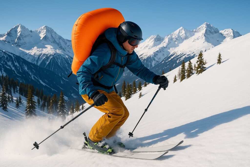 Skieur en action portant un airbag avalanche orange sur une pente enneigée, avec montagnes alpines et ciel bleu en arrière-plan, illustrant la sécurité en montagne.