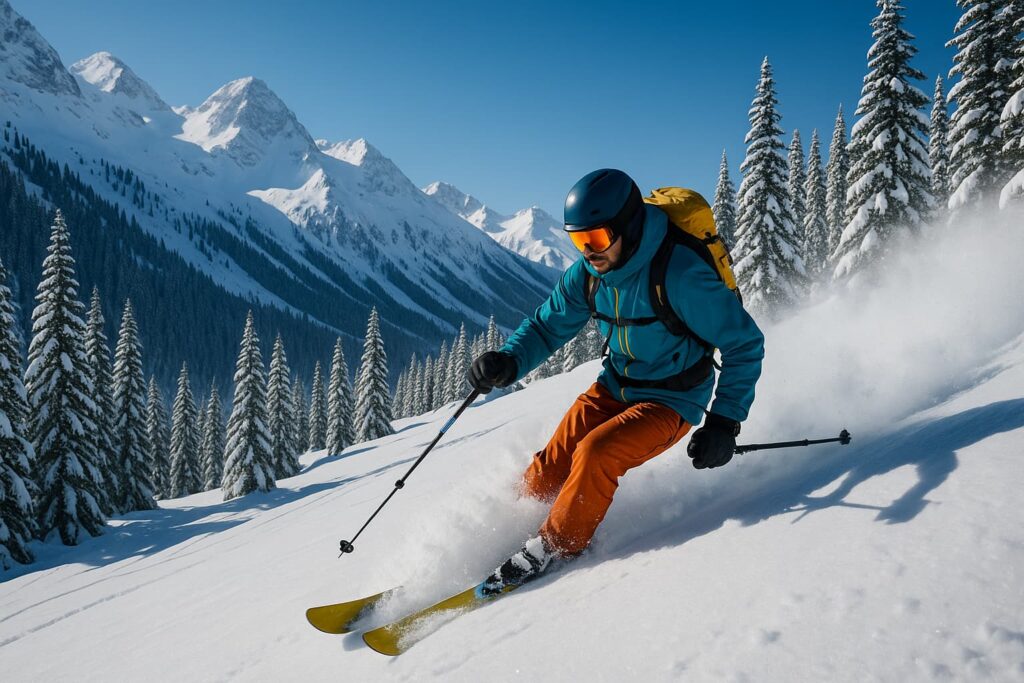 Skieur freeride dévalant une pente enneigée dans un paysage alpin avec sapins et ciel bleu, symbolisant la liberté et l’aventure en montagne.