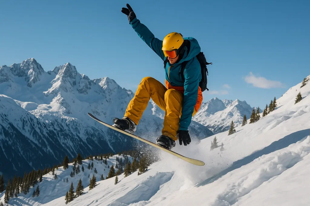 Snowboarder en action, freeride ou freestyle sur une pente enneigée