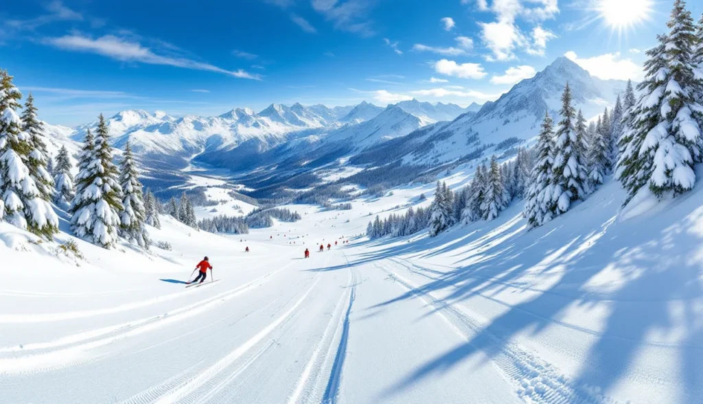 Ski hors piste au Col de Rousset, paysage enneigé avec skieurs