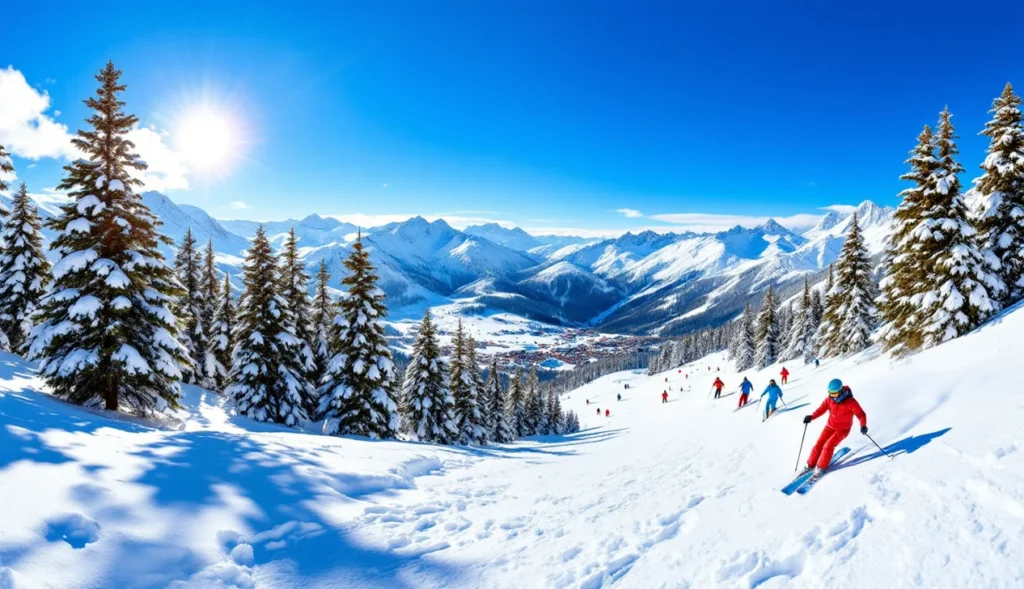 Skieurs hors-piste à La Rosière, Savoie, avec montagnes et sapins enneigés.