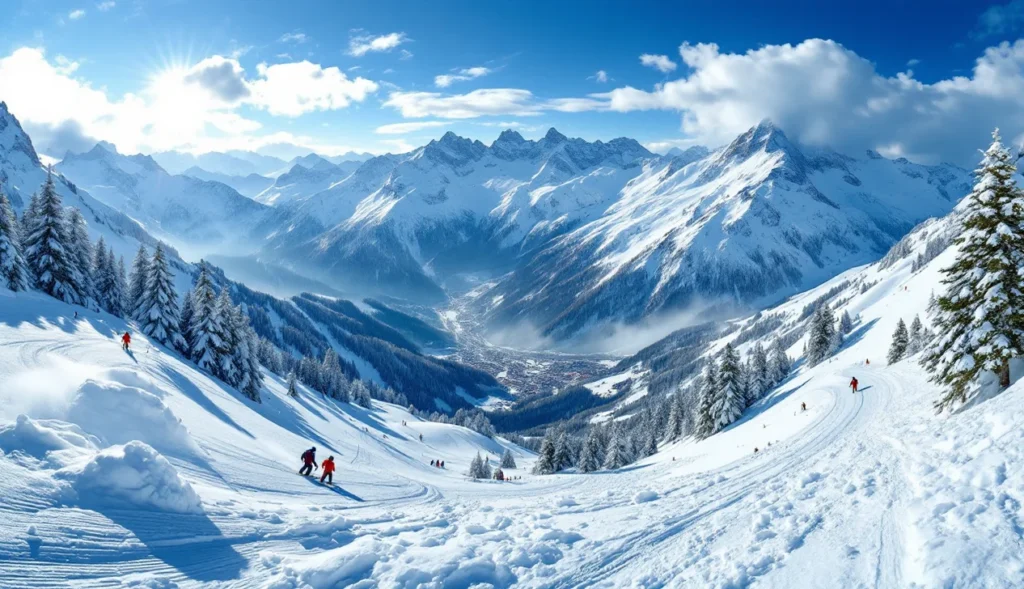 Skieurs hors-piste au Collet d’Allevard, Alpes du Nord, neige poudreuse