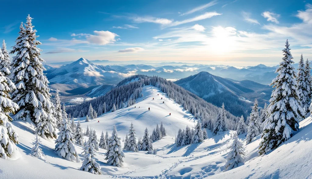 Ski hors piste au Mont-Dore, paysage enneigé avec skieurs