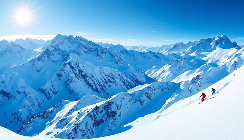 Skieurs hors-piste aux Arcs, montagnes enneigées en arrière-plan