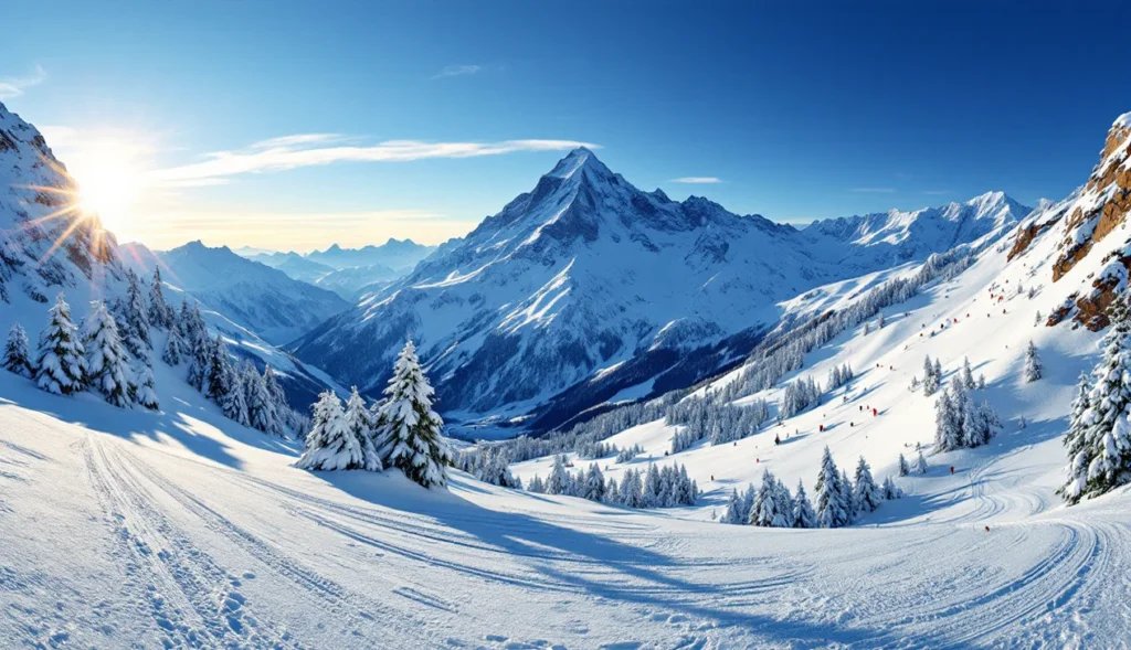 Skieurs hors-piste aux Saisies avec Mont-Blanc en arrière-plan