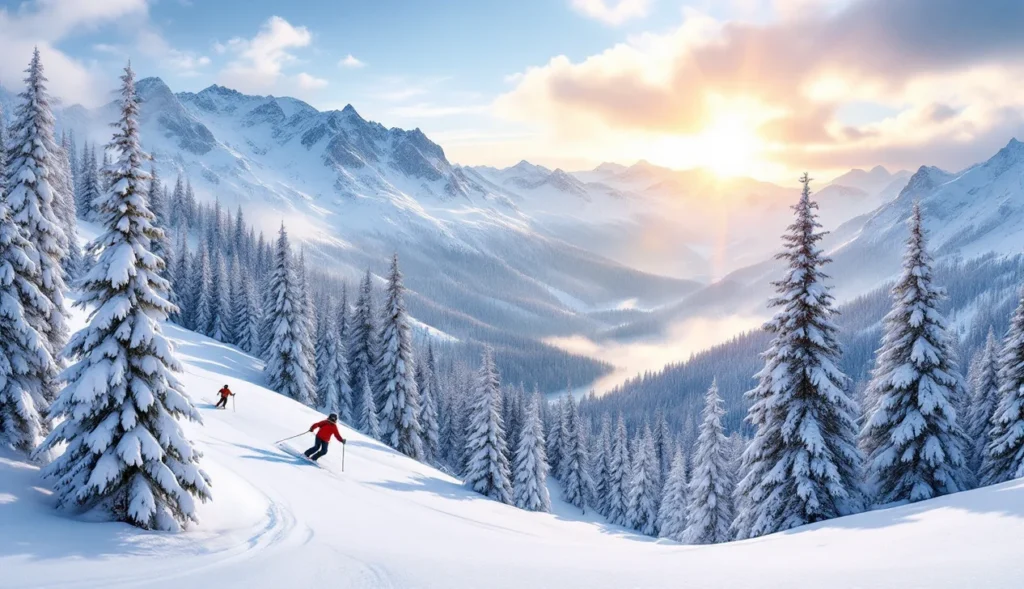 Skieurs hors-piste à Métabief dans le massif du Jura, neige fraîche et paysages montagneux
