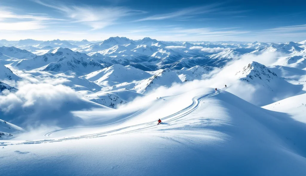 Skieurs hors-piste à Super Besse, Puy-de-Dôme, paysage montagneux
